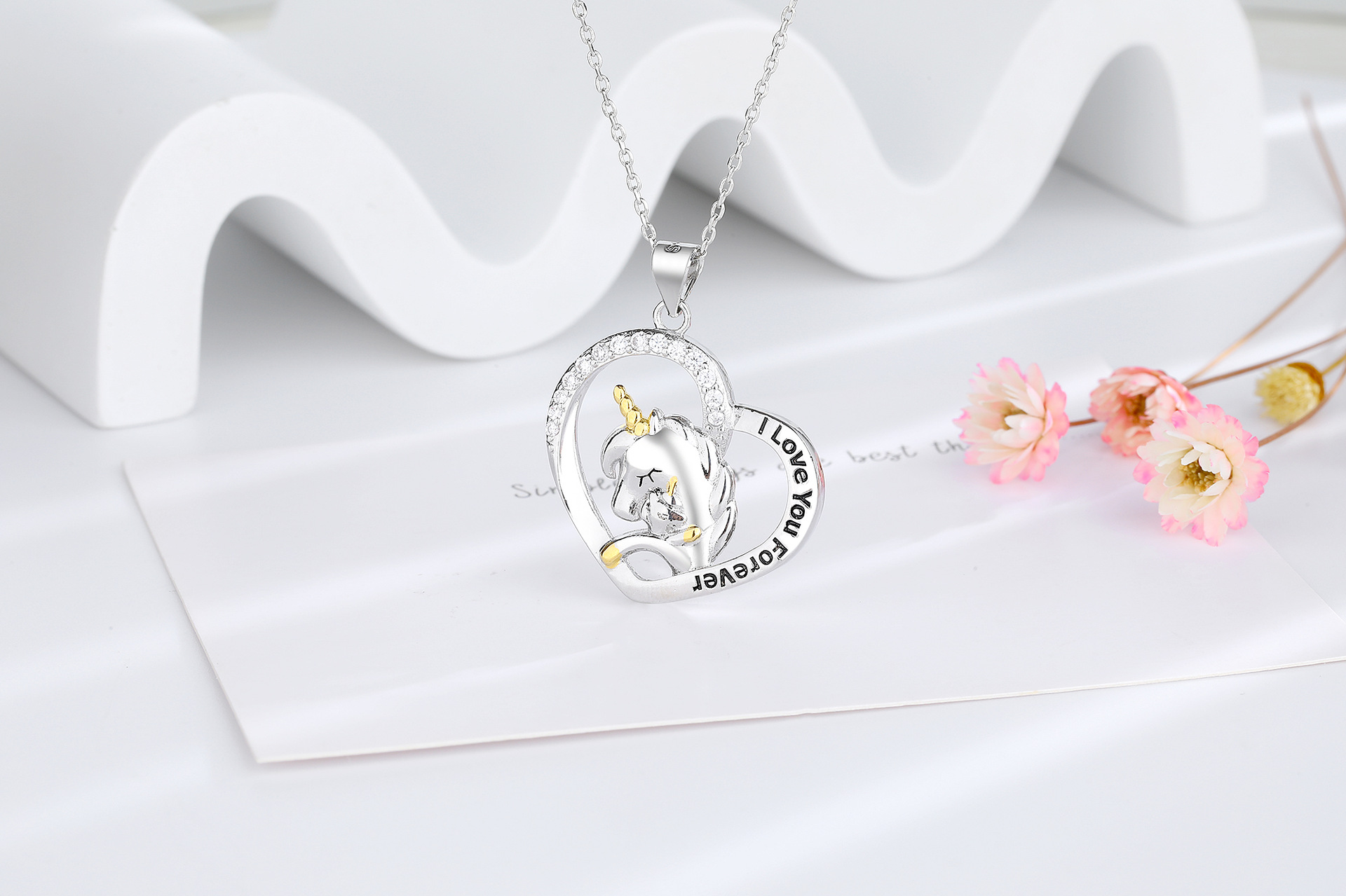 Lady Heart Shape Unicorn Copper Inlay Rhinestones Pendant Necklace 1 Piece