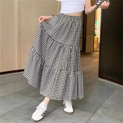 2025 Grid-Styled Long Dress for Women, Summer High-Waist Large-Breasted Umbrella Skirt A-Line Slimming Retro Checkered Semi-Costume Dress