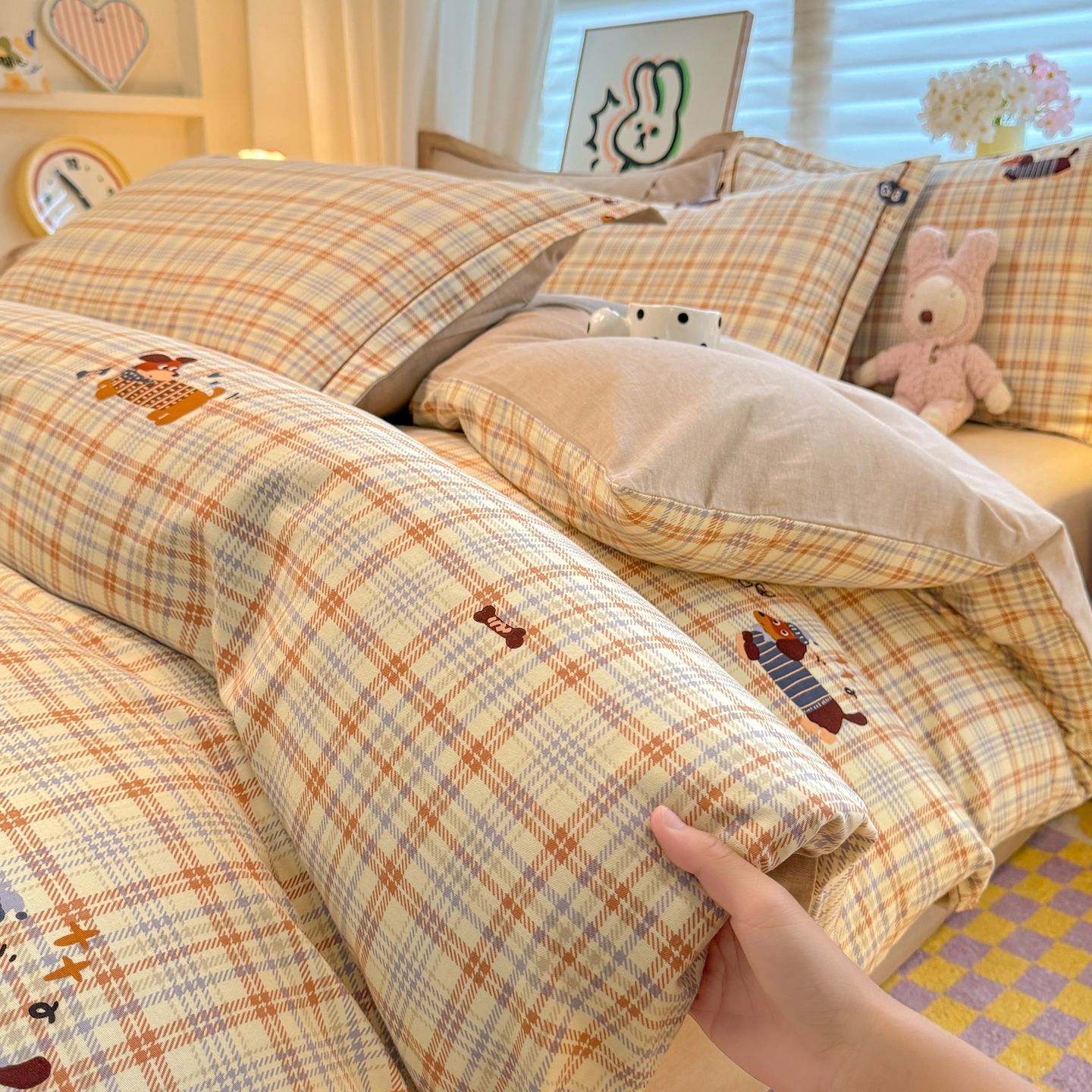 Cama de algodón grueso abrasivo con sábanas de algodón de tres piezas, cama de cuatro piezas, dormitorio de estudiantes, sensación de alto nivel