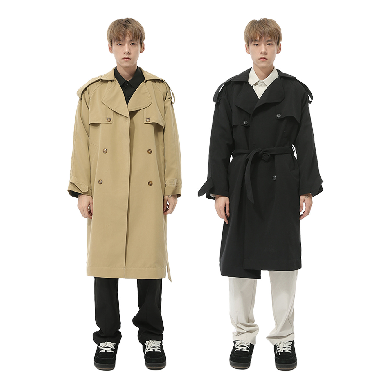 MTLCLOTHES 남성복 | 가을 새로운 한국 더블 브레스트 무릎 길이 레이스 업 영국 스타일 루즈 캐주얼 코트