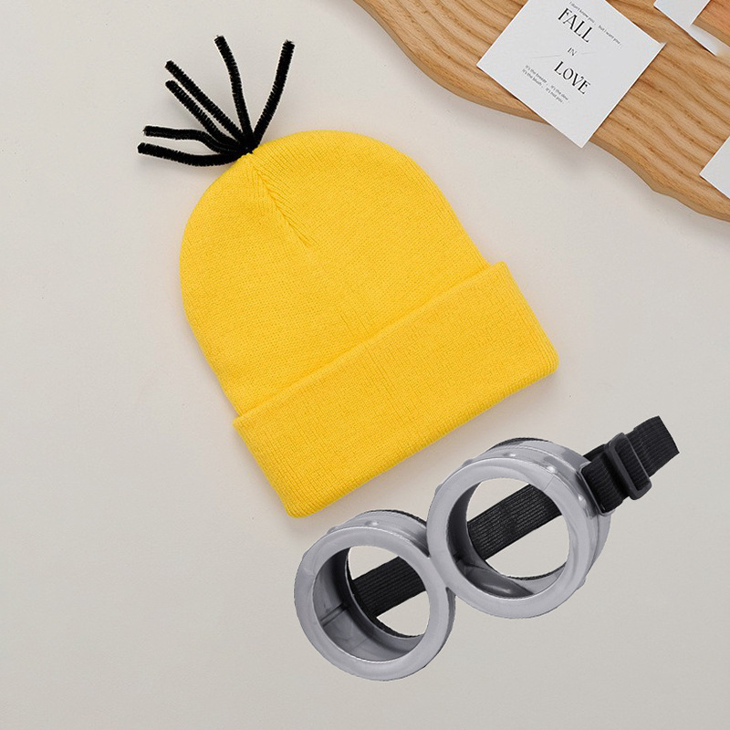 In-Stock Minion Character Cosplay Hat, Large Brim Yellow Knitted Hat, Creative Beanie, Wool Knitted Hat, Wig Hat In-Stock Minion Character Cosplay Hat, Large Brim Yellow Knitted Hat, Creative Beanie, Wool Knitted Hat, Wig Hat