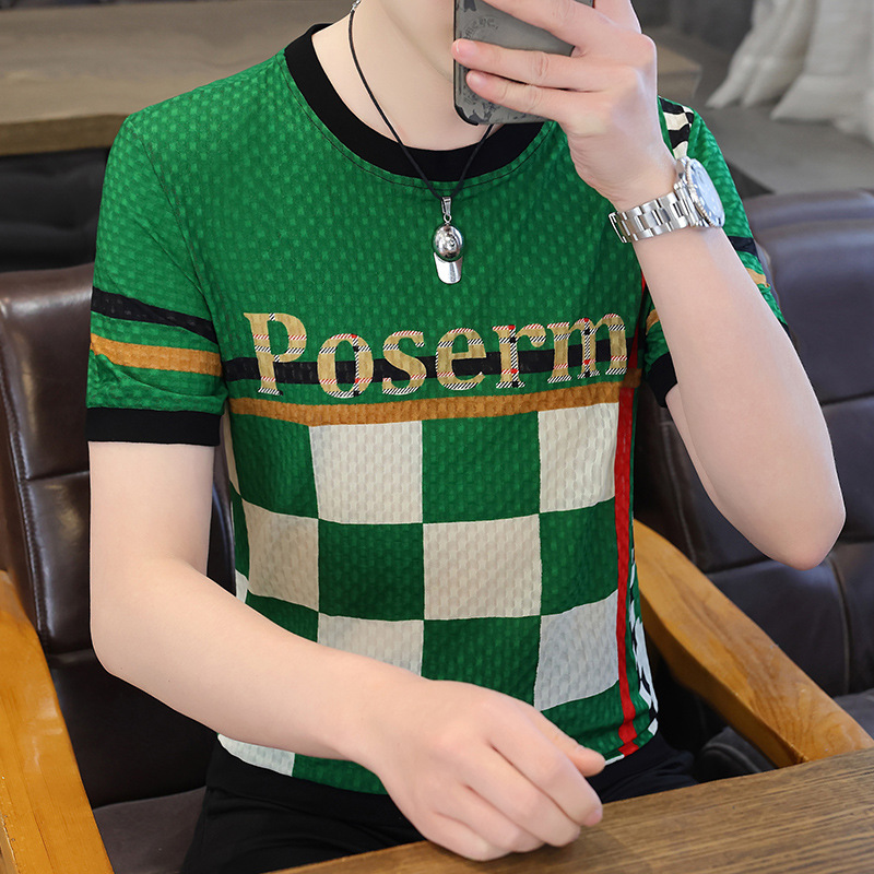Summer thin silk elastic men's short sleeve T-shirt with a round…