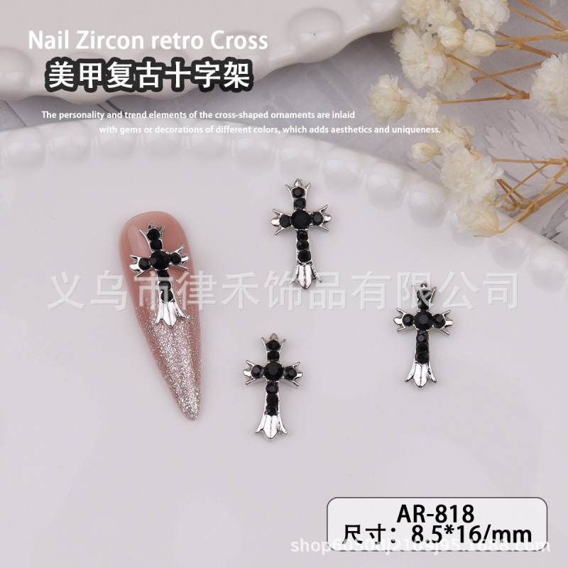 国境を越えた人気のダーククローハートダイヤモンドクロス合金ネイルアートジュエリーパンクネイルダイヤモンドジュエリーネイルアート卸売|undefined