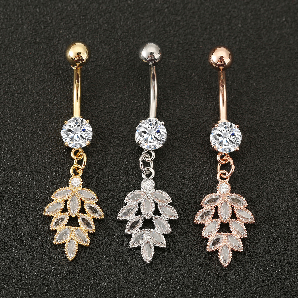 European Leaf Belly Button Ring With Diamond Body Piercing Jewelry_voghion.com