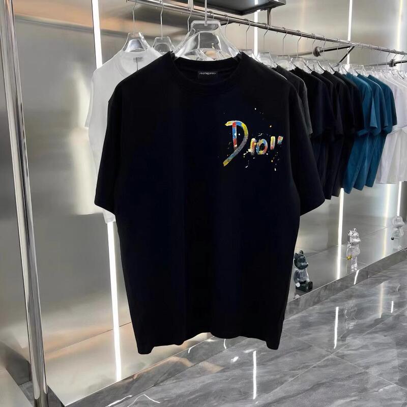 European Station Hand-painted Color Inkjet Letter Short-sleeved T-shirt Men's 2025 Summer New Fashion Brand Half-sleeved Top