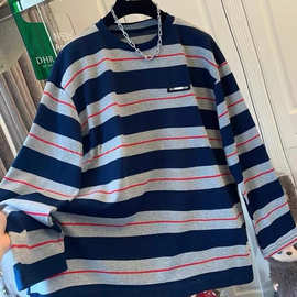 美式复古藏青色条纹长袖T恤打底衫宽松大版上衣女2025秋新款