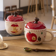 かわいいクリエイティブレトロリンゴ陶磁器カップ蓋付き高顔値ins風マグカップ大容量水カップ