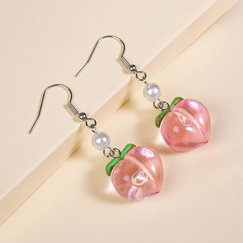 1 Pair IG Style Sweet Leaf Peach Epoxy Pearl Plastic Resin Drop Earrings display picture 2