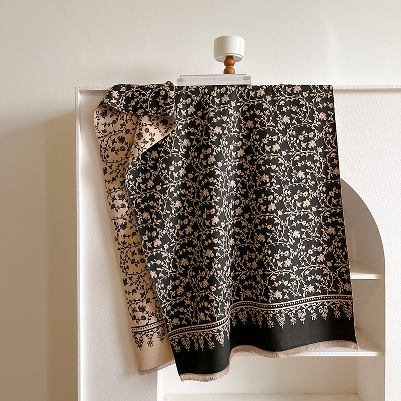 2023 moda todo-fósforo nuevo retro flor de la vid color a juego chal bufanda caliente de doble cara jacquard bufanda de Cachemira para las mujeres