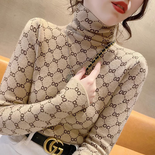 European High Collar Velvet Base Shirt Women's Autumn and Winter New Printed Foreign Style Inner Pile Collar Slim-fit Warm Top
