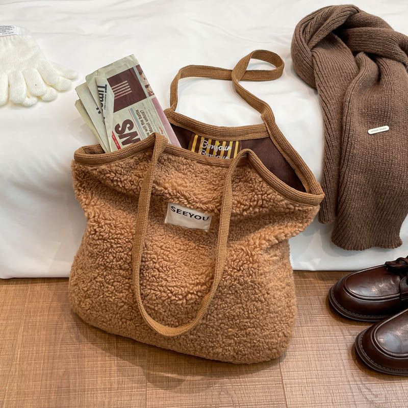 Invierno de cordero de cachemira doble cara bolso de tela de mujer estilo coreano de gran capacidad bolsa de lona casual bolsa de peluche de viaje universal