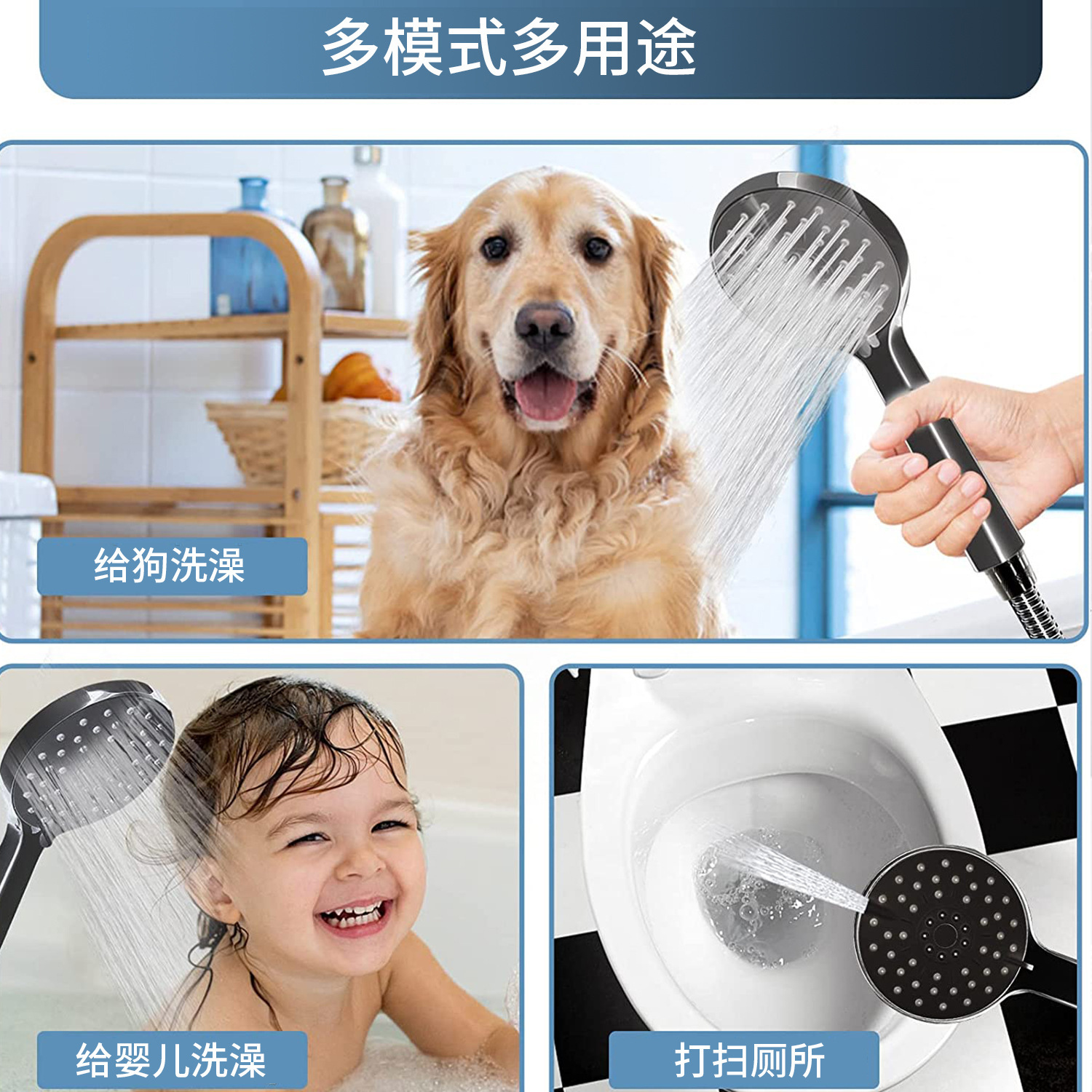 American-style cross-border non-extension rod exposed showerhead, wall-mounted shower, three-way water distributor, stainless steel showerhead for bathing details Picture