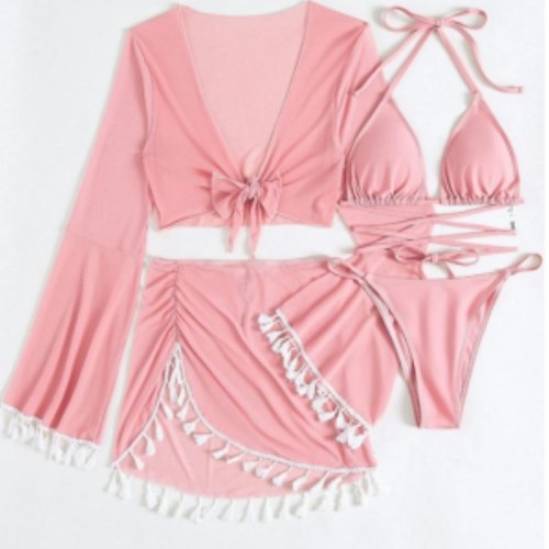 2025 Ins Stylish Su Mesh Cover-up Set with Short Skirt Bikini for Conservative Women in Thailand