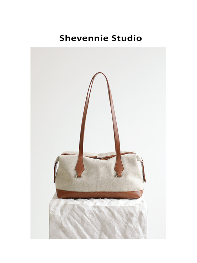 Retro Niche Design Canvas And Cowhide Pillow Bag, Large Capacity Underarm Bag, Casual Single Shoulder Tote Bag For Women - Thumbnail 6