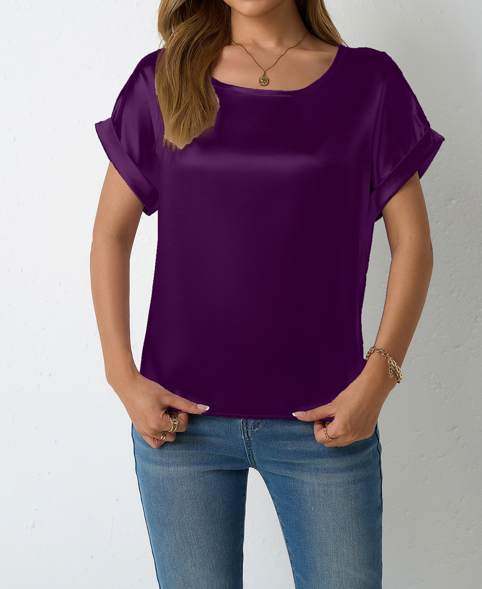 Camicia in raso da donna a maniche corte taglio morbido elegante_voghion.com
