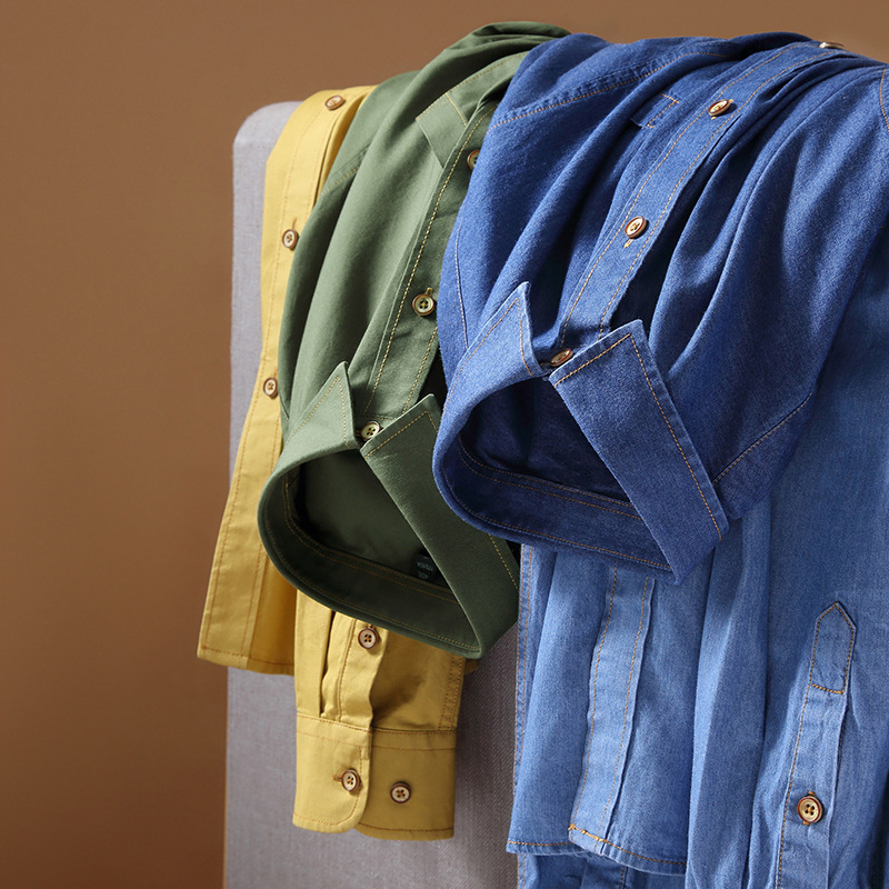 Nuevo algodón Denim de manga larga camisa de los hombres casual cómodo color sólido moda herramientas juventud camisa chaqueta hombres