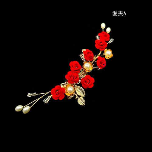 Vintage wine red roses series hanfu headdress take side clamp using balls and hair act the role of a toast to the bridal wedding dress hair comb