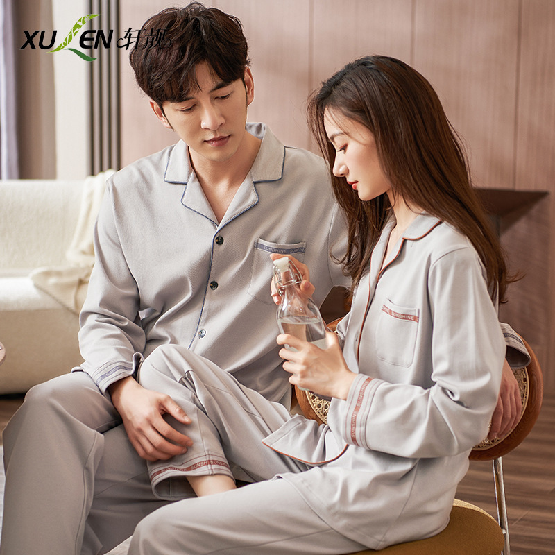 Pareja pijamas hombres y mujeres Primavera y otoño 100% algodón de manga larga Chaqueta de punto simple para mujer