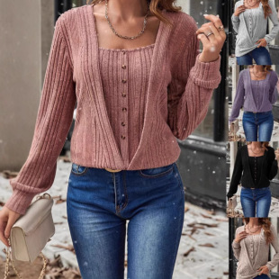 Autumn and Winter European and American Clothing Amazon Wish Cross-Border New Button Fake 2-Piece Knitwears and Knitwears