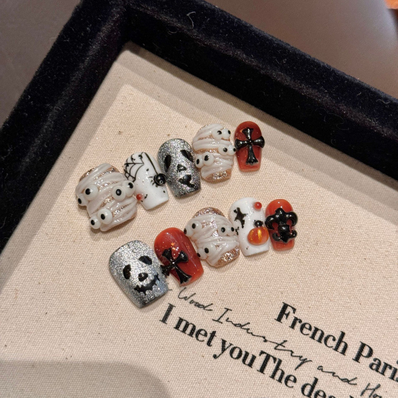 Rachman Halloween Handmade Nails Short Pumpkin Skull High-End Whitening Manicure Patch Removable Fake Rachman Halloween Handmade Nails Short Pumpkin Skull High-End Whitening Manicure Patch Removable Fake