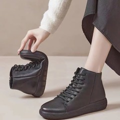 Top Layer Calfskin Single Layer Women's 2024 New Spring High-Top Versatile Cowhide Soft Sole Non-Binding Pure Black Slimming Single