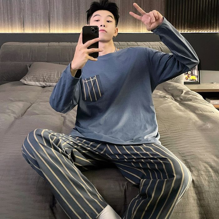 2025 pijama de otoño hombre 6535 algodón cuello redondo hoodie de mangas largas pantalones largos set simple ropa casera cómoda