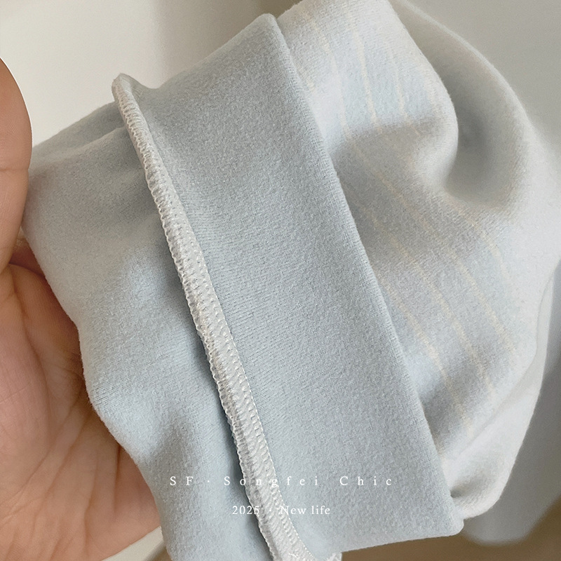 秋冬磨毛新款圆领长袖可外穿家居服 肯豆风松弛感条纹家居服套装|undefined