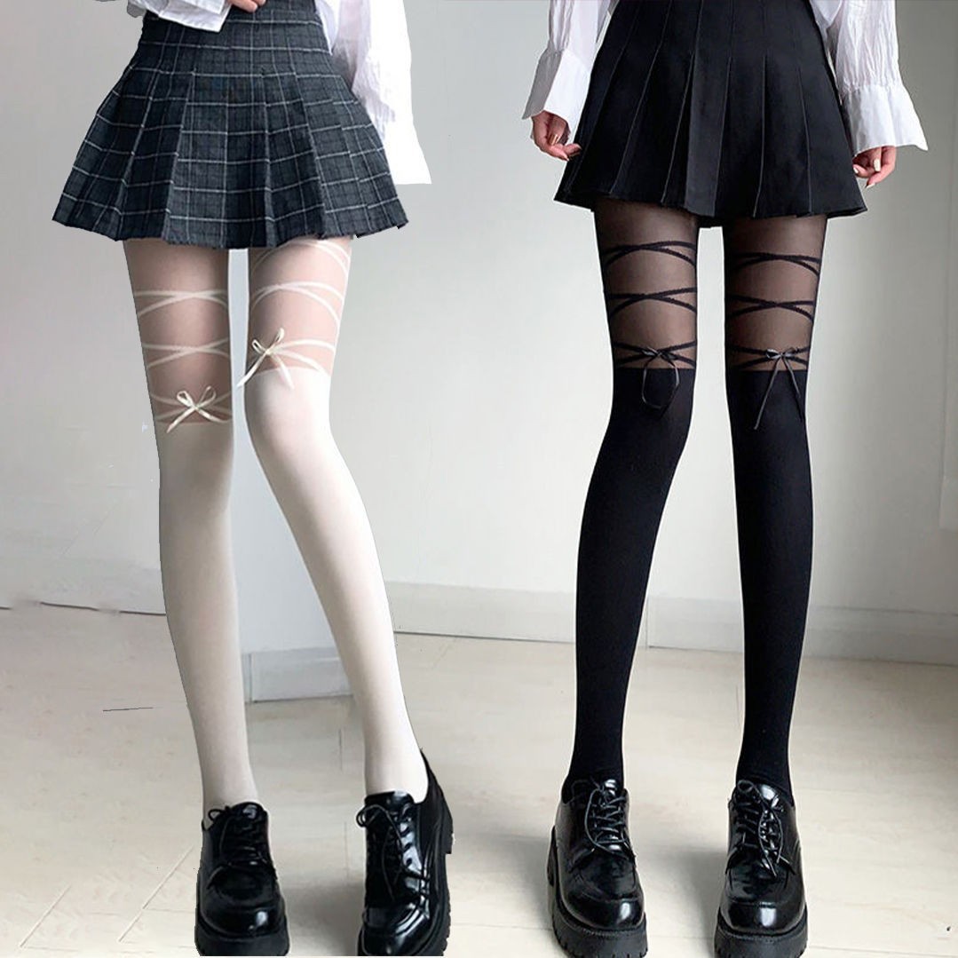 Japanese Autumn Bow White Silk Stitching Silk Stockings Jk Sweet Hot Girl Socks Women's Fake Tall Black Silk Pantyhose