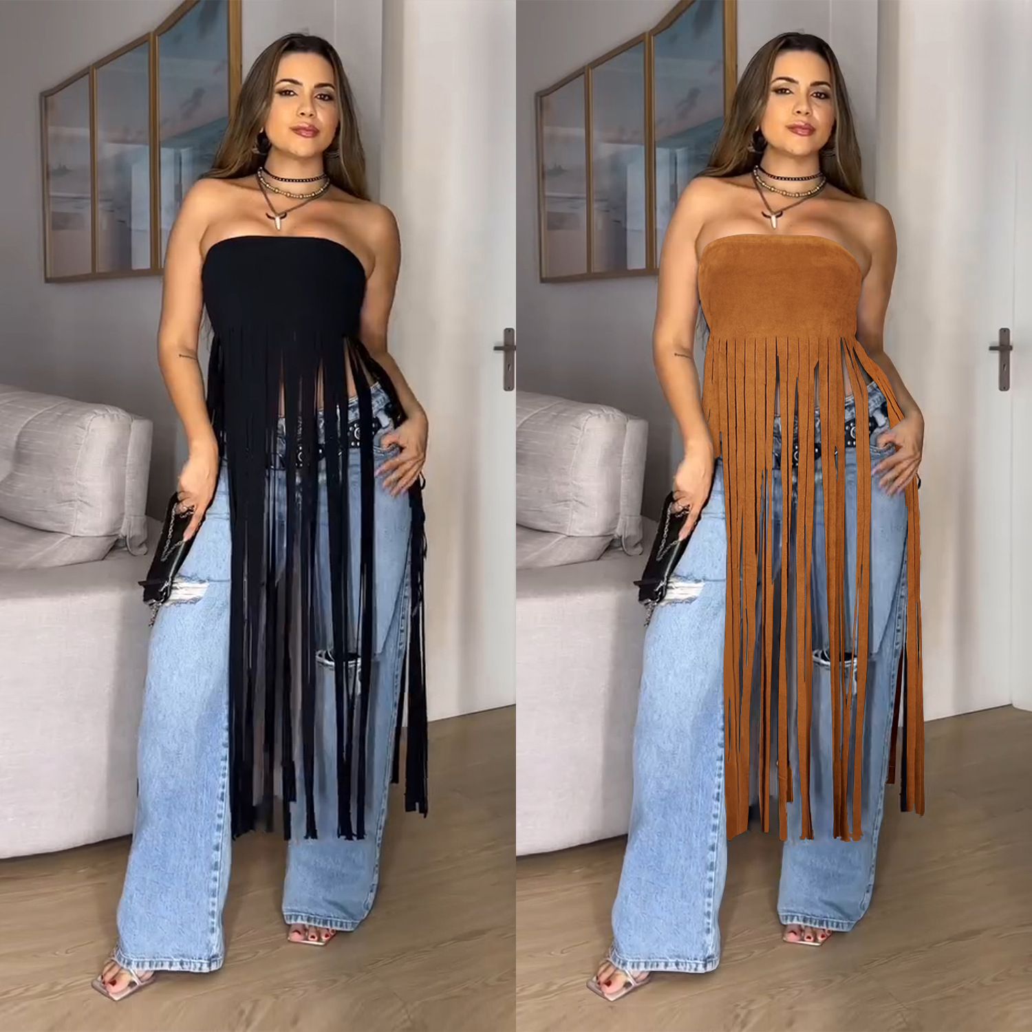 C7436 Cross-border AliExpress Amazon Ropa de mujer de moda europea y americana Falda de tubo sexy de terciopelo de piel de venado con flecos de color sólido