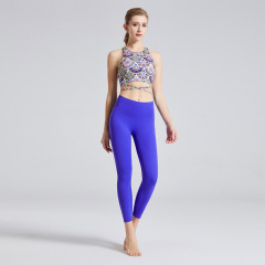 2024 New Blue Glass Print Yoga Pants for Women with Breast Pad, High-Elasticity Exercise Fitness Dance Bare-Leg Pants Set of Two