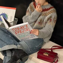 2025秋冬新款费尔岛提花复古毛衣套头女宽松慵懒高级感针织衫上衣