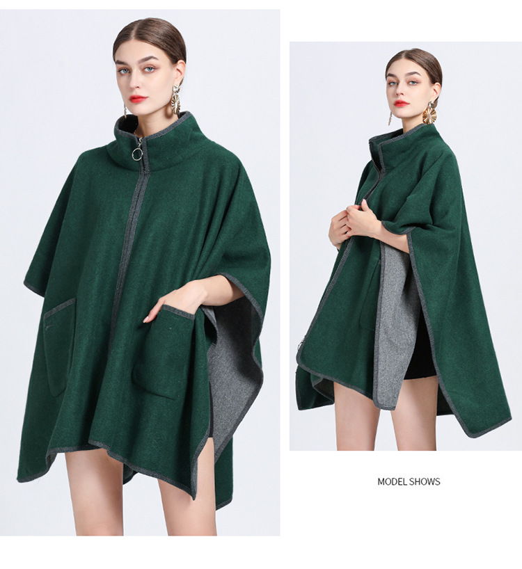 Stehkragen Tasche Reißverschluss Cape Cape große Größe Strickjacke Pullover Mantel Frau_voghion.com
