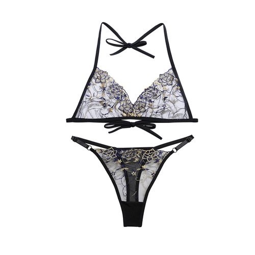 New European and American embroidered luxury French bra straps transparent sexy temptation hot adjustable bra set for women