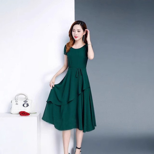 Summer high-end cinched waist slimming age-reducing fitted elegant mid-length A-line round-neck plus-size loose women's dress