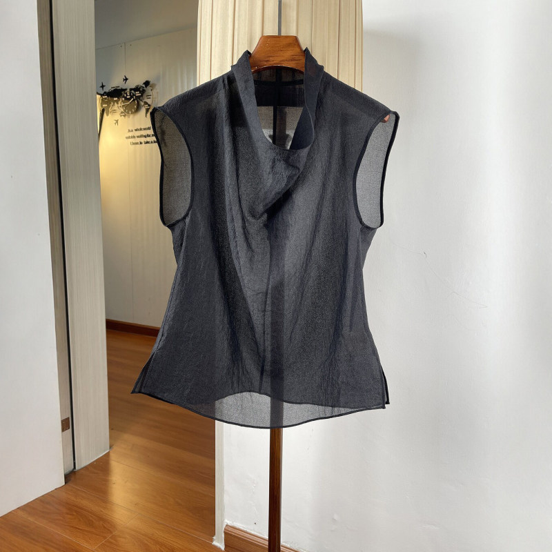French-Style Intellectual Elegance Slightly See-Through Sleeveless Shirt for Women, Summer Loose Pullover Commuter Sheer Rayon Top with a Draped Collar
