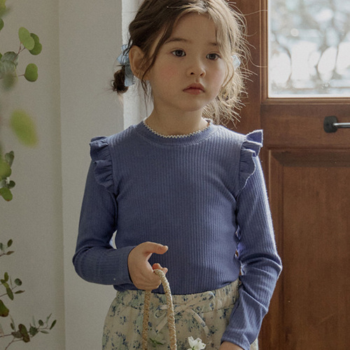 2024 Spring Strawberry Sand Girls' and Girls' 4-Color Cute Fringe Fitted Long-Sleeve Solid Color Basic T-Shirt