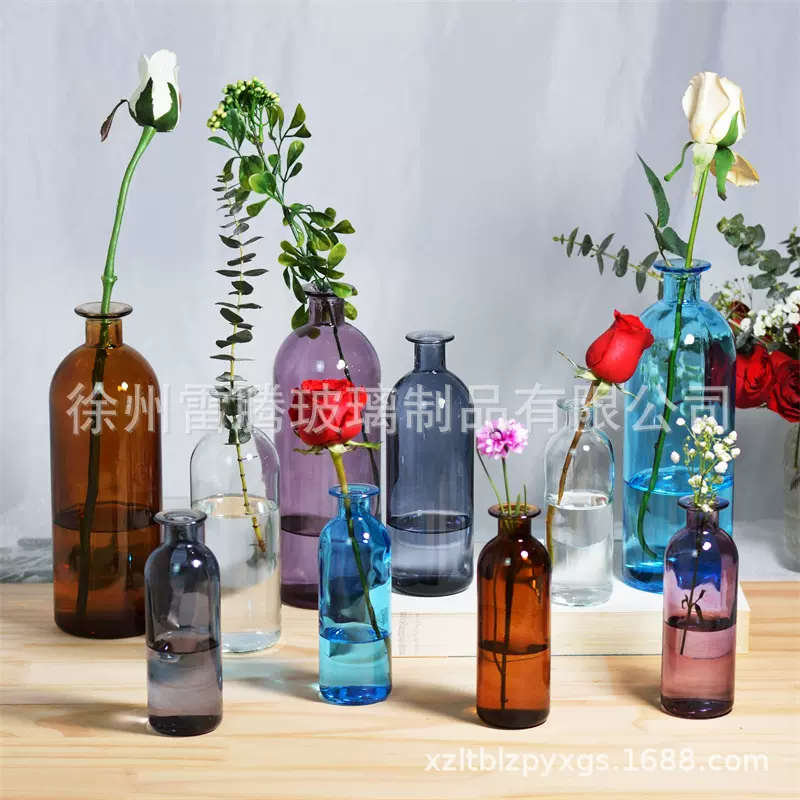北欧透明玻璃花瓶小口水培鲜花桌面干花彩色插花器皿装饰摆件批发