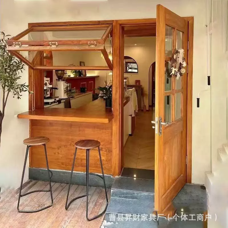 老榆木上下折叠窗玻璃窗实木窗户推拉门窗咖啡奶茶店网红窗户定金