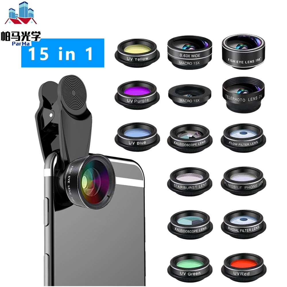 Оптовая Продажа с фабрики объектив мобильного телефона 15 в 1 костюм объектив широкоугольный Макро увеличение расстояния Звездный калейдоскоп несколько фильтров