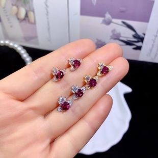925 silver inlaid natural magnesium aluminum garnet earrings all-match simple fashion niche color treasure main stone circle 5