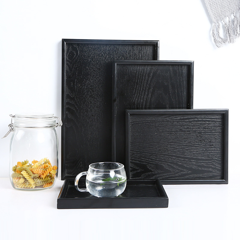 日式黑色托盤木質長方形家用水杯茶盤托盤端菜實木盤子飯店餐盤