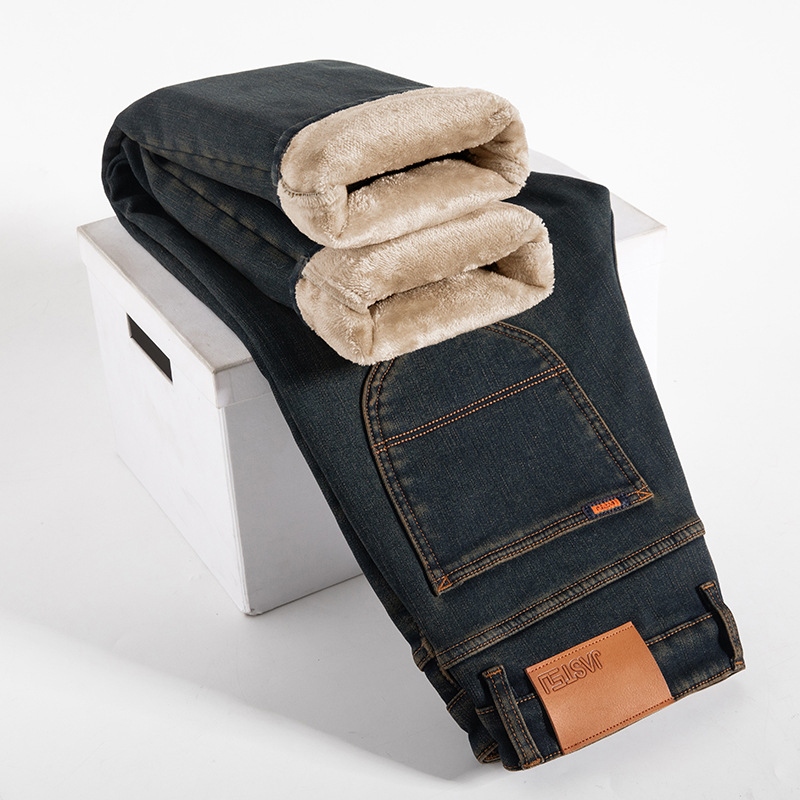2023冬季新款加绒加厚男士直筒牛仔裤爸爸保暖卡其法莱绒牛仔裤