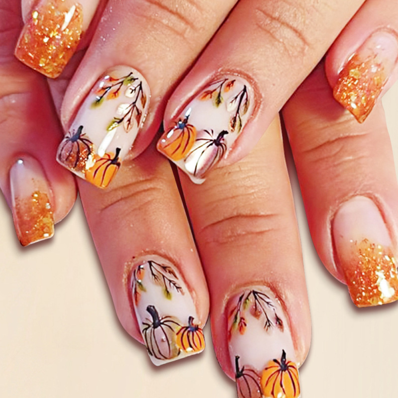 Short Glitter Autumn and Winter Wear Armor French Pumpkin Glitter Manicure Pieces European and American Thanksgiving Day Explosions Nail Stickers 24 Pieces Short Glitter Autumn and Winter Wear Armor French Pumpkin Glitter Manicure Pieces European and American Thanksgiving Day Explosions Nail Stickers 24 Pieces