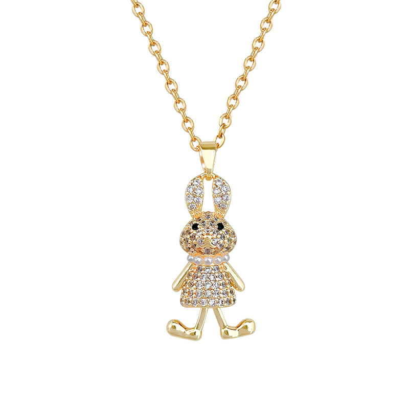 Collier luxueux en acier titane et diamants, orné d'un lapin et de perles, pour femme. Chaîne en acier titane polyvalente à porter au niveau du cou._voghion.com
