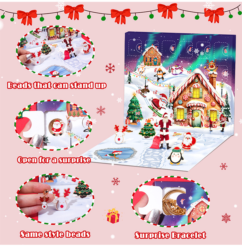 Weihnachtsschmuckherstellung, handgefertigtes DIY-Perlenarmband-Set für Kinder, 24-Raster, Weihnachts-Countdown-Blindbox, Armband, Schmuck-Geschenkbox_voghion.com