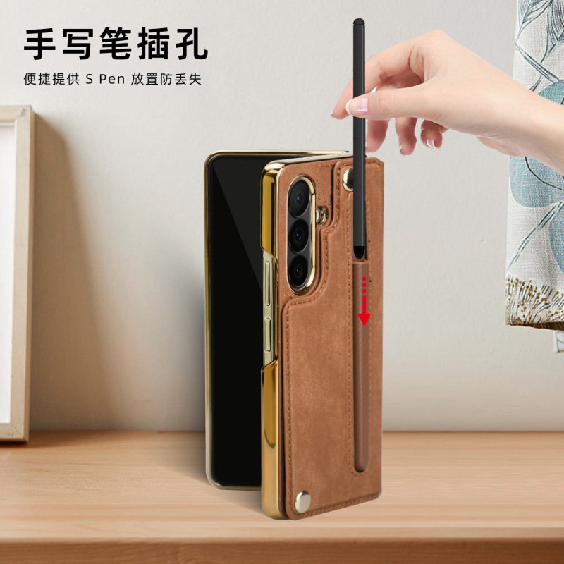 工場卸売サムスンfold7電気メッキスタンド携帯電話ケース、カード挿入、ハンドロープシェルフィルム一体型レザーケースに適しています|undefined