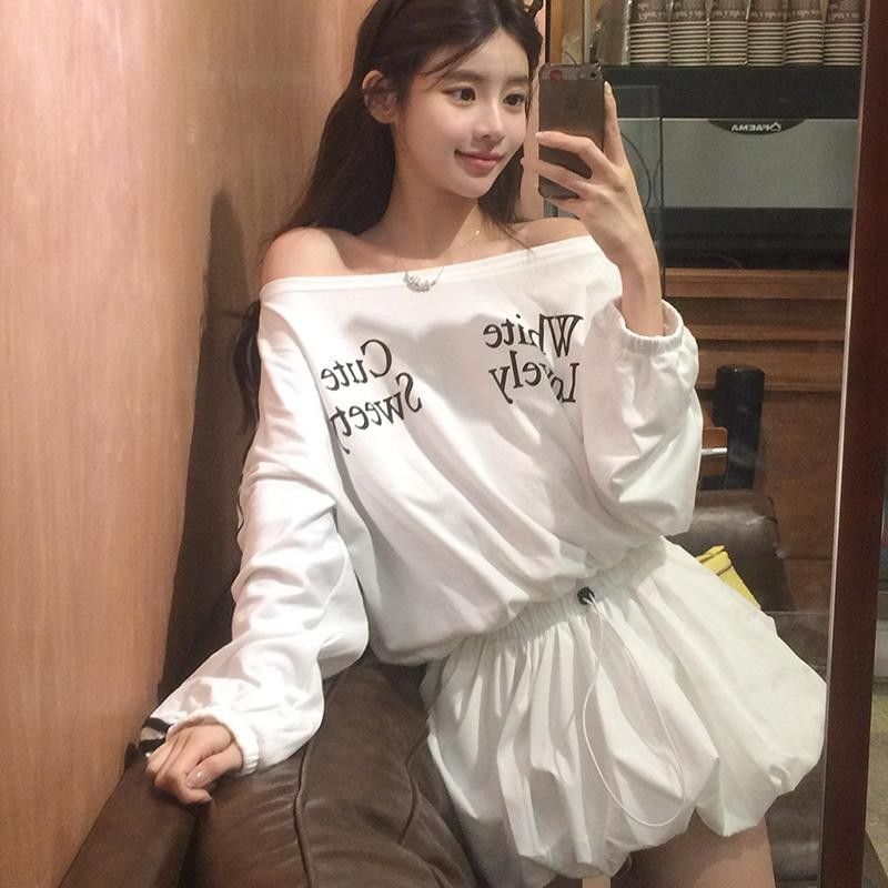 Pure Desire Lazy Style Contrasting Letter Print Slant Neck Off-Shoulder Dress Women's Niche Drawstring Slimming and Flesh-Covering Short Skirt