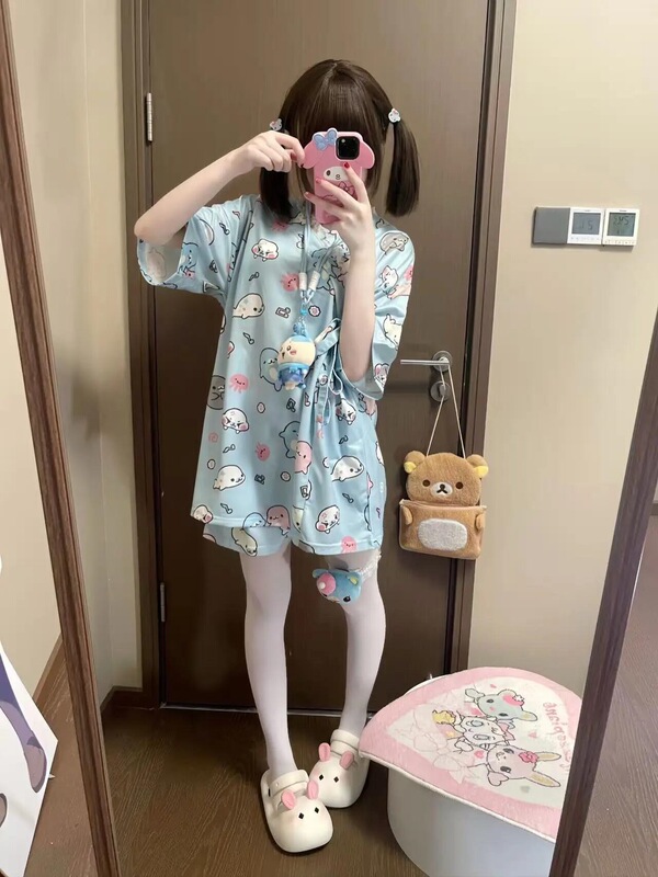Japanese-Style Cartoon Dolphin Print Tie-Up Short-Sleeve Pajamas for Women, New Summer Cute Style Loungewear Set