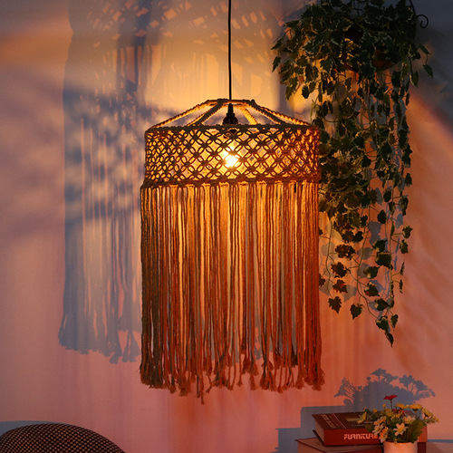 Amazon Cross-border Hand-woven Cotton Rope Pendant Lamp for Bedroom - Modern Minimalist Style, American Decor with Retro Shade