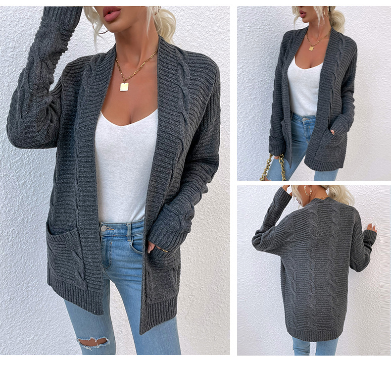 Twist Mid-Length Pocket Knitted Cardigan Coat in Sweaters